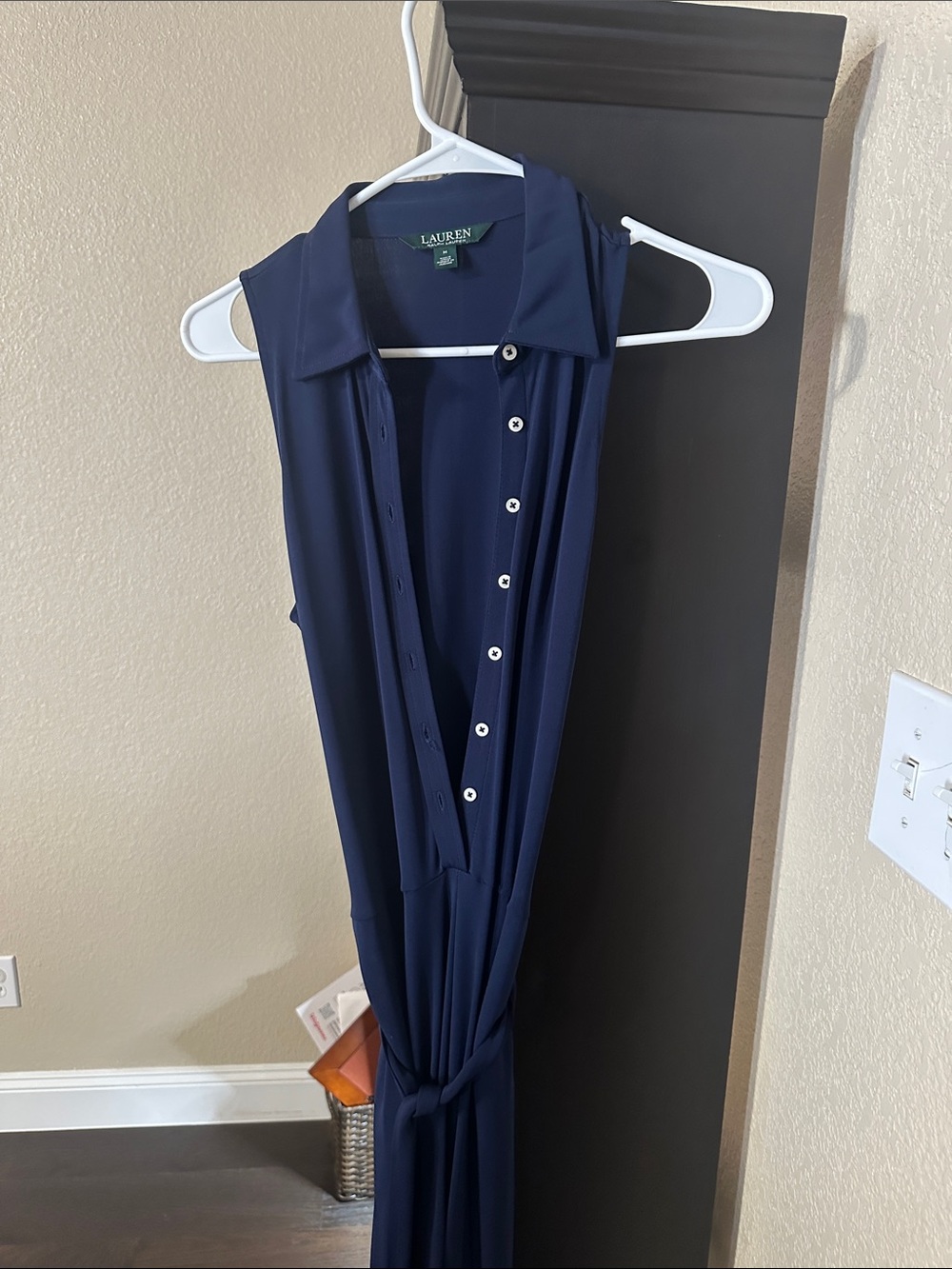 Lauren Ralph Lauren Navy Sleeveless Button-Down Jumpsuit with Waist Tie